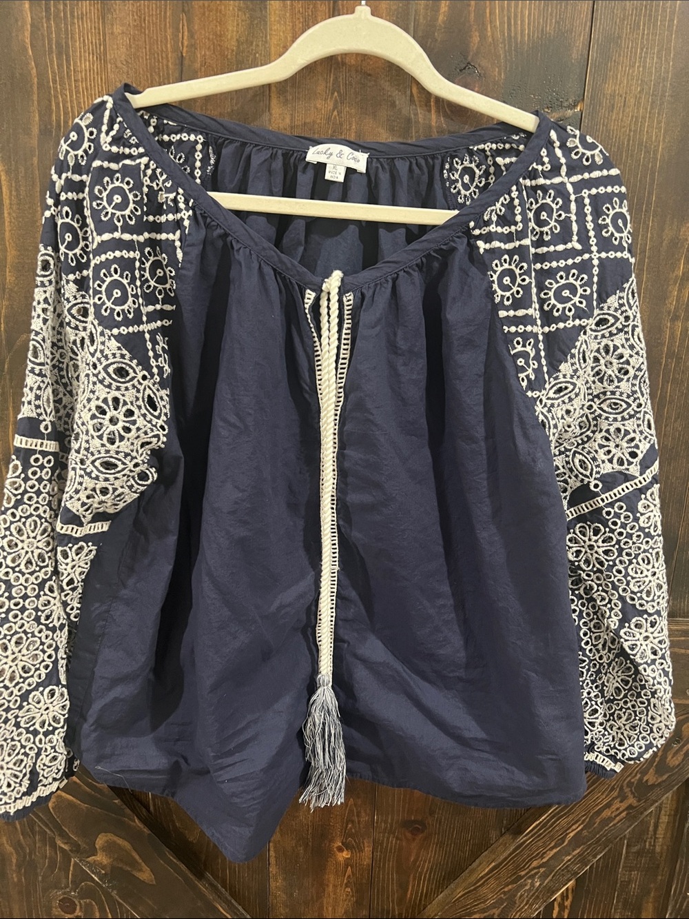 Navy Embroidered Peasant Top